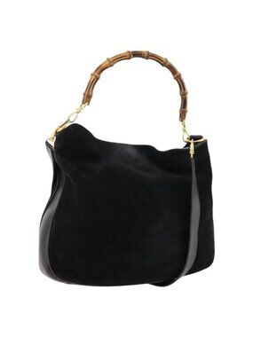 Authentic GUCCI Bamboo Shoulder Bag Suede Black Gold 01 1014 1577